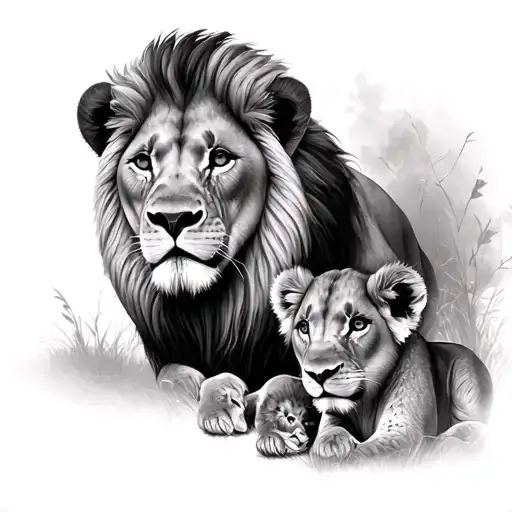 Lion And 2 Cubs Face Only