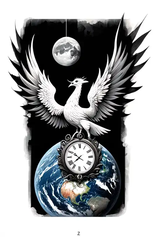 Phoenix Bird Which Is Surrounded By Half Faded Clock And The Earth