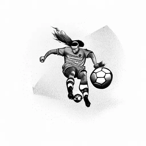 A Black-grey Tattoo Of A Soccer Player Kicking A Ball With A Travel Suitcase As The Ball