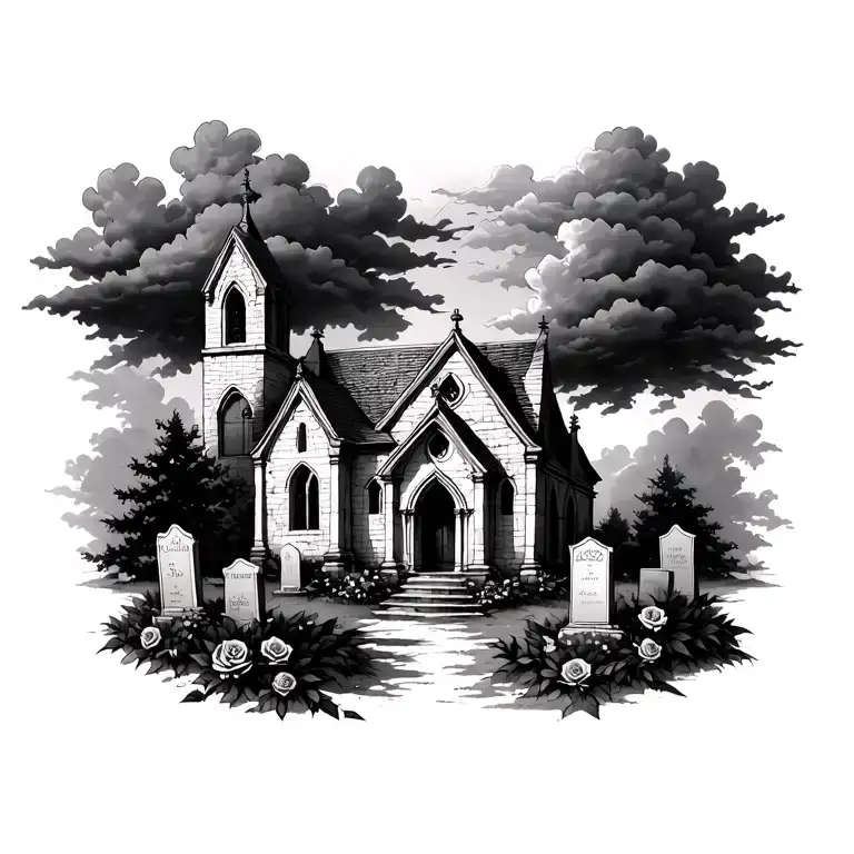 Old Abanond Ruin Church With Dark Clouds And Grave Stones And Black Rose Bushes