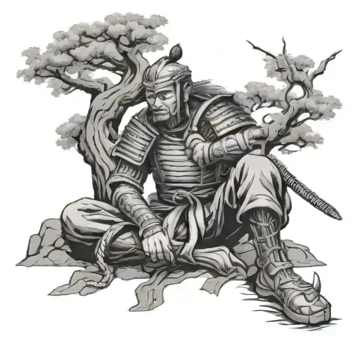 Japanese Warrior Resting Under Tree