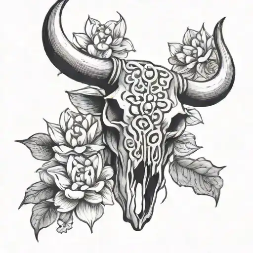 Bull Skull Surrounded By Lotus Flowers