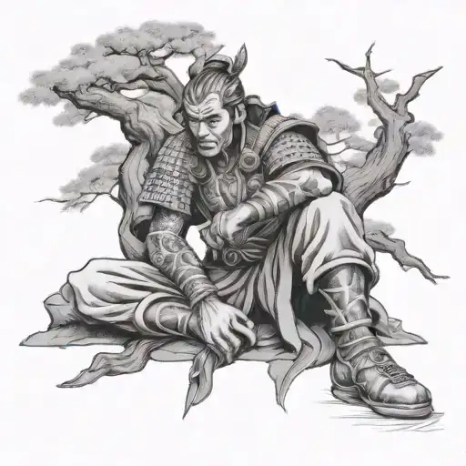Japanese Warrior Resting Under Tree