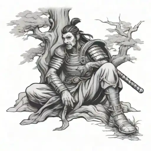 Japanese Warrior Resting Under Tree