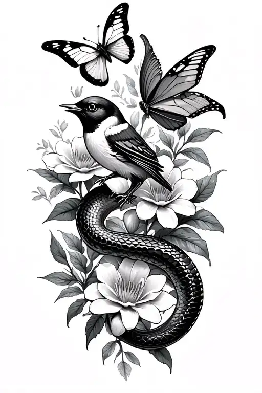 Snake Flowers Bird Butterfly