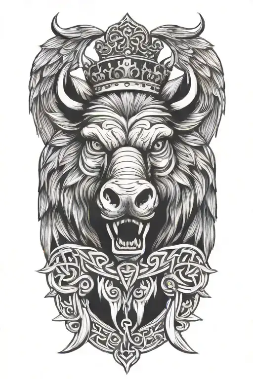 Boar Head With Sword And Wings Wearing A Crown Background Celtic Knot