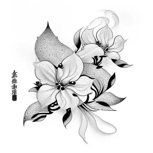 Half Sleeve Black And White Filigree With Four Red Dogwood Flowers