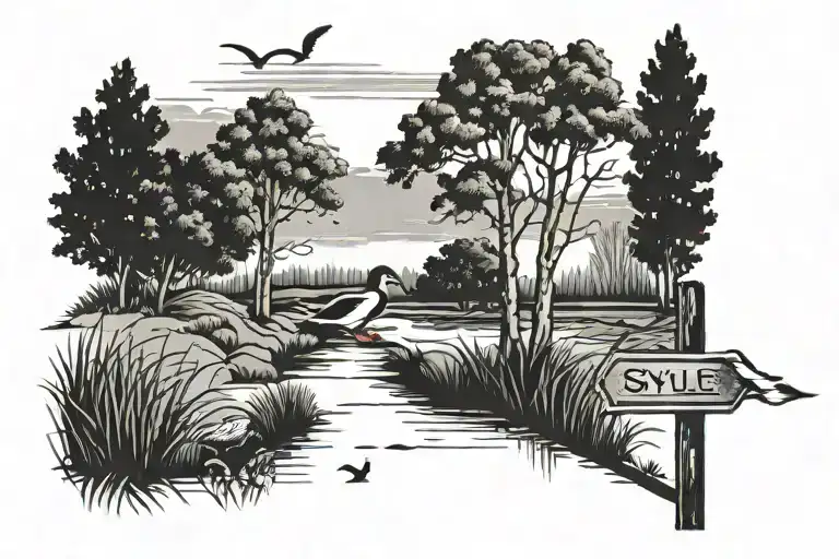 Sky Line Street Sign Ducks Marsh Trees