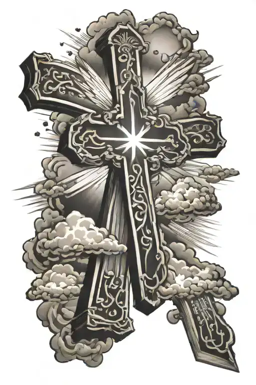 Cross And Bible Scripture With Clouds And Rays Shining