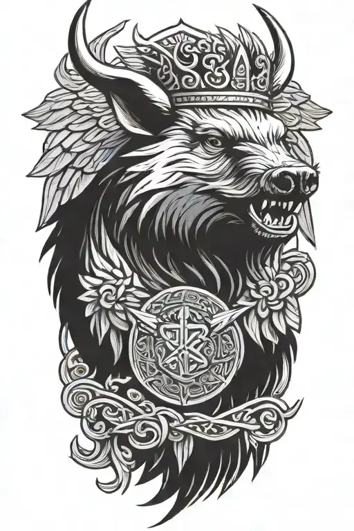 Boar Wearing A Crown With The St Michael Sword And Wings With A Celtic Trinity Knot Background