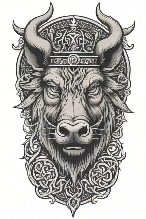 Boar Head With Crown With Sword And Wings With A Celtic Trinity Knot Background