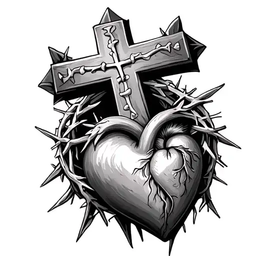 Catholic Cross With Crown Of Thorns And Sacred Heart