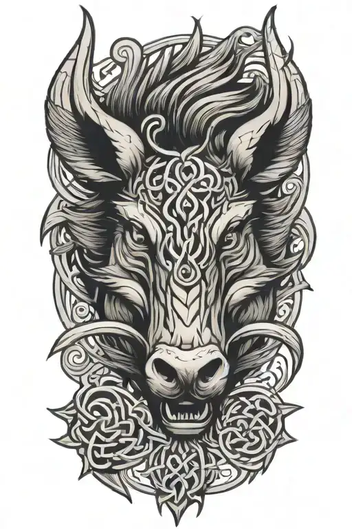 Boar Head With Sword And Wings Surrounded By Celtic Trinity Knot