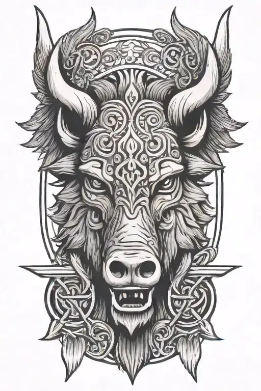 Boar Head With Sword And Wings With Trinity Knot Background