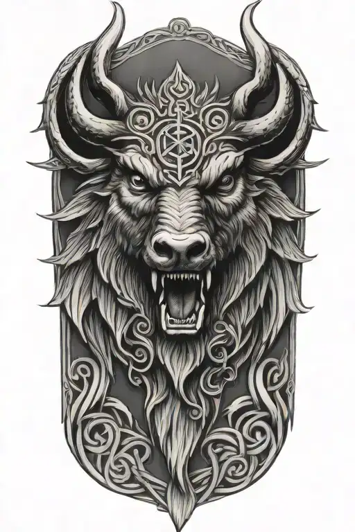 Boar Head With Sword And Wings With Celtic Trinity Knot Background