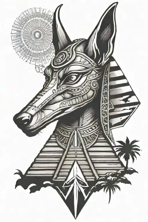 Arm Tattoo Of Anubis On Top Of Egyptian Pyramids With The Eye Of Ra In The Pyramid