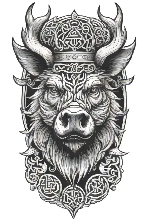 Boar Head Wearing A Crown With Wings And A Celtic Trinity Knot Background