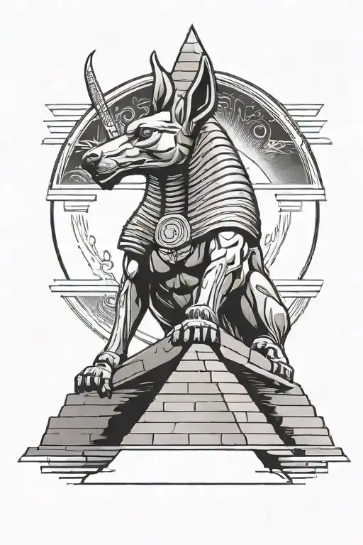 Arm Tattoo Of Anubis On Top Of Egyptian Pyramid Surrounded