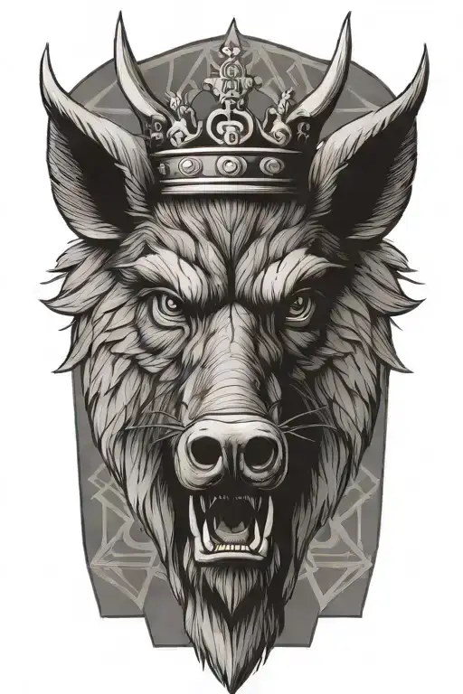 Angry Boar Head Wearing A Crown With Wings And A Geometric Background