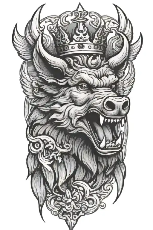 Angry Boar Head Wearing A Crown With Wings And A Cloud Background