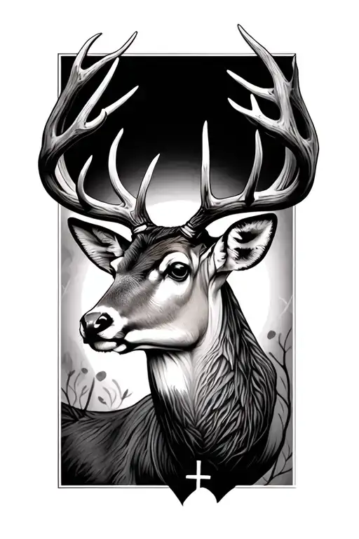 Deer With Antlers And Cross