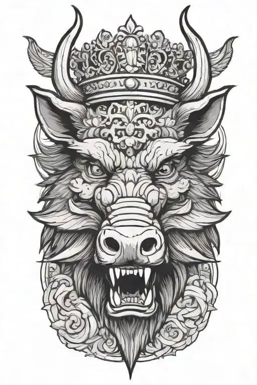 Angry Boar Head Wearing A Crown With Wings And Sword And A Cloud Background