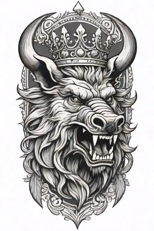 Angry Boar Head Wearing A Crown With Wings And Sword And A Heaven Background