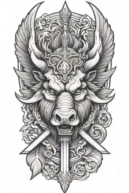 Angry Boar Head With Wings And Sword And A Heaven Background