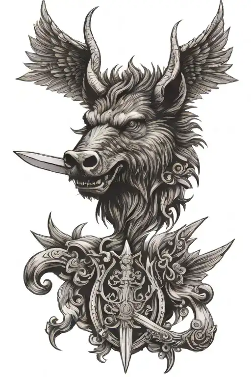 Boar Head With Wings And Sword And A Background