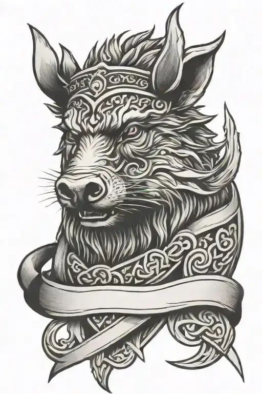 Boar Head Wearing A Crownwith Wings And Sword And A Celtic Trinity Knot