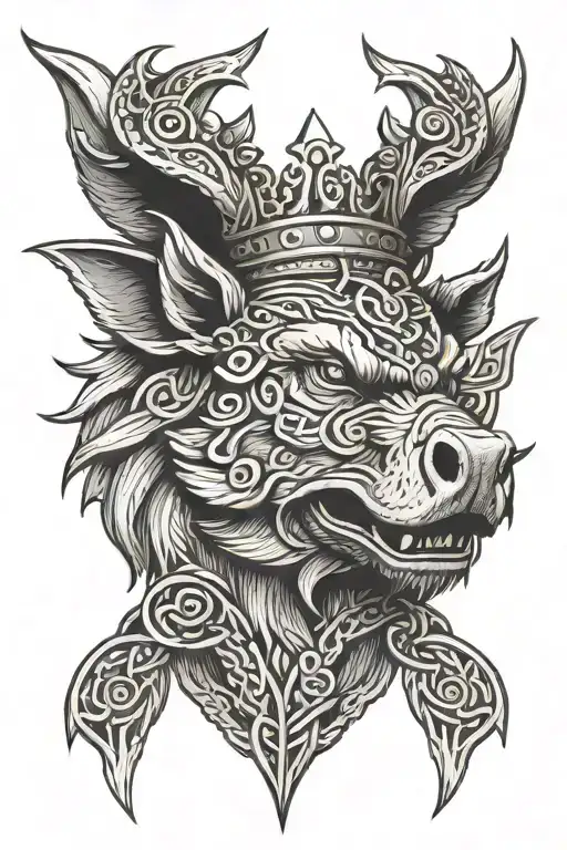 Boar Head Wearing A Crown With Wings And Sword And A Celtic Trinity Knot