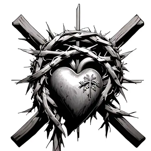 Catholic Cross With Crown Of Thorns And Sacred Heart