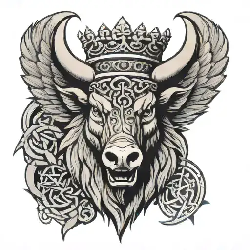 Boar Head Wearing A Crown With Wings And Sword And A Celtic Trinity Knot Background