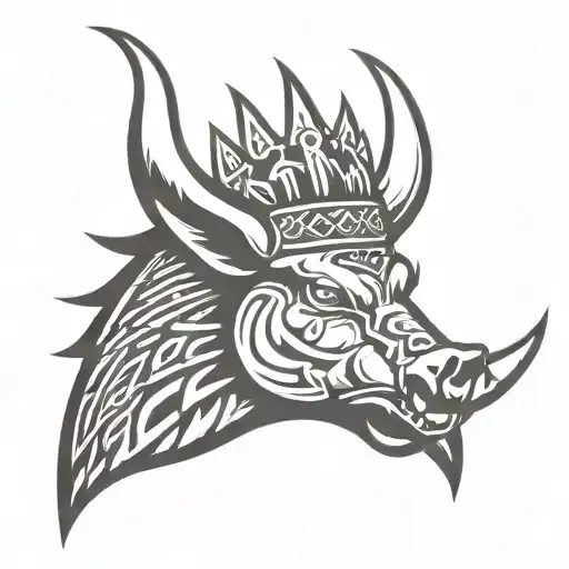 Boar Head Wearing A Crown With Wings And Sword And A Celtic Trinity Knot Background
