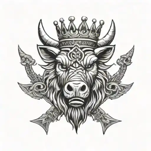 Boar Head Wearing A Crown With Wings And Sword And A Celtic Trinity Knot Background