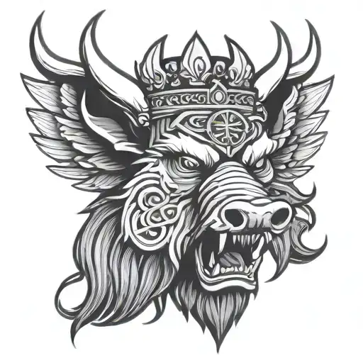 Angry Boar Head Wearing A Crown With Wings And Sword And A Celtic Trinity Knot Background