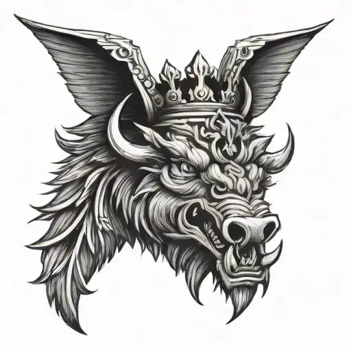 Angry Boar Head Wearing A Crown With St Michaels Sword And Wings And A Heaven Background
