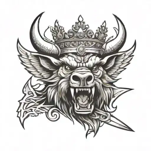 Angry Boar Head Wearing A Crown With St Michaels Sword And Wings And A Heaven Background