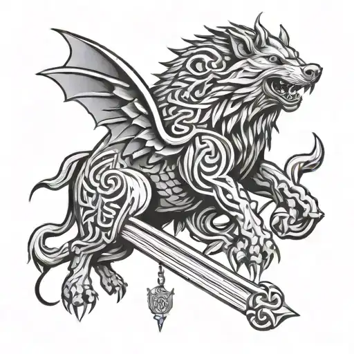 Angry Boar With Saint Michaels Sword And Wings And A Celtic Trinity Knot Background