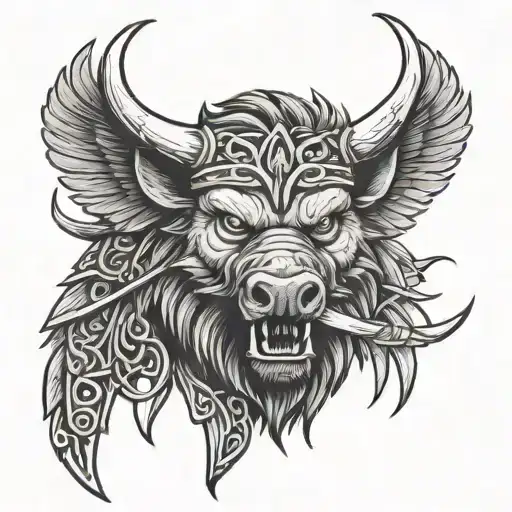 Angry Boar Head With Saint Michaels Sword And Wings And A Celtic Trinity Knot Background