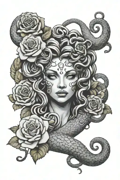 Medusa Gorgon With Roses And Snakes Crawling
