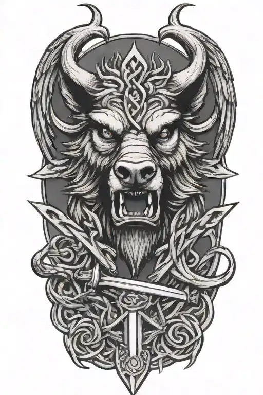 Angry Boar Head With Saint Michaels Sword And Wings And A Celtic Trinity Knot Background