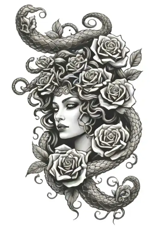 Medusa Gorgon With Roses And Snakes Intertwined