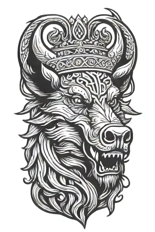Angry Boar Head Wearing A Crown With A Winged Celtic Trinity Knot Background