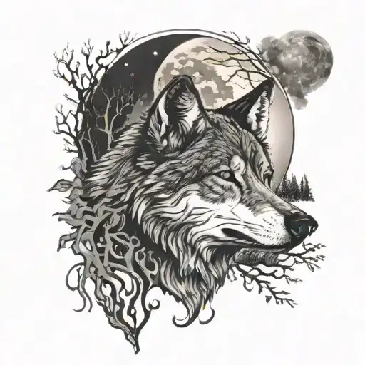 Wolf Howling At The Moon In A Mystical Forest Setting