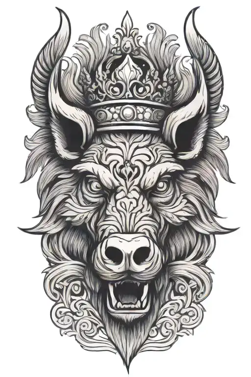 Angry Boar Head With Wings Wearing A Crown With Blue Eyes