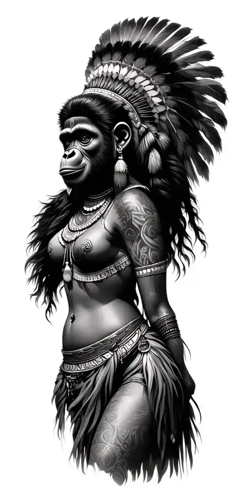 Indian Female Worrior With A Gorrila On Her Head
