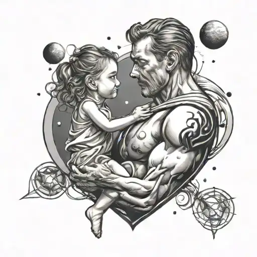 Heart Shaped Tattoo Father Holding Daughter With Universe Inside The Heart