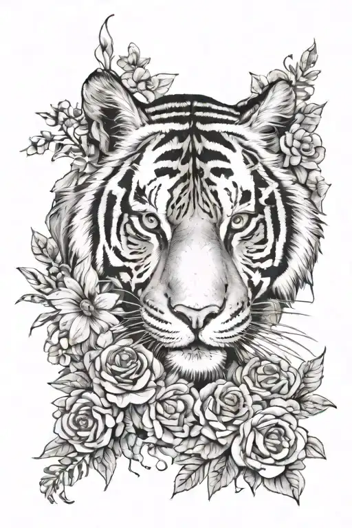 Face Behind Tiger Broken Surrounded With Flowers And Include Other Animals
