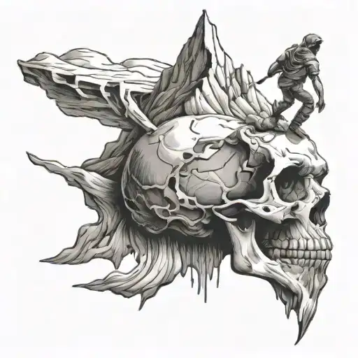 A Tattoo Of A Mountain Climber Scaling A Skull-shaped Peak